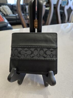 Coach Black Signature Stripe Leather Bi-Fold Wallet